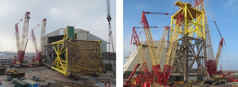 Galloper wind farm jacket on its side then being raised