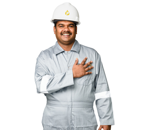 Petrofac male worker with a hard hat and overalls